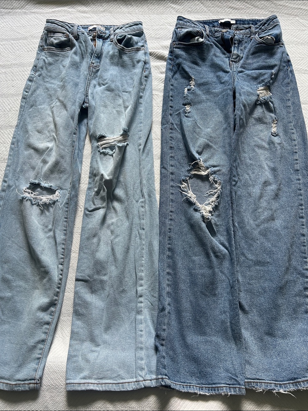Distressed High-Waist Straight Leg Jeans — Light & Dark Blue Pair